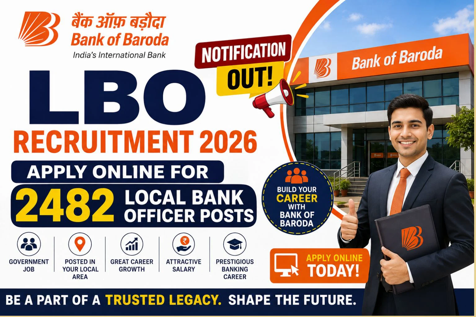 Bank of Baroda LBO Recruitment 2026 Out; Apply Online for 2482 Local Bank Officer Posts 1 Bank of Baroda LBO Recruitment