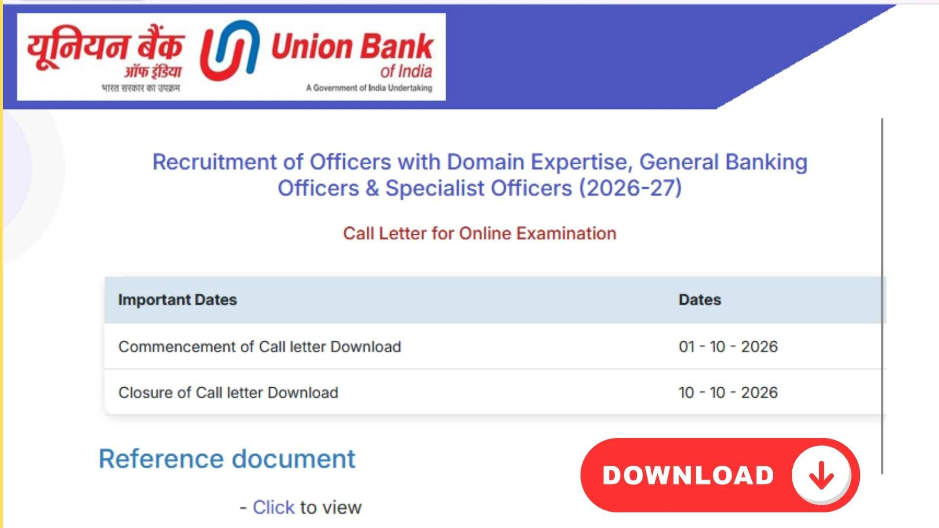 Union Bank Of India SO Admit Card 2026 Out; Direct Link 1 Recruitment of Officers with Domain Expertise, General Banking Officers & Specialist Officers (2026-27)