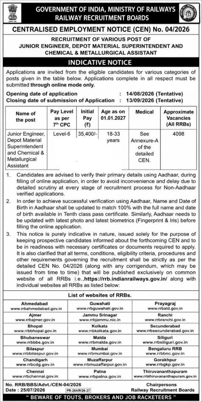 RRB JE Recruitment 04/2026 Notification Out for 4,098 Vacancies 2 RRB-JE-Short-Notice-PDF