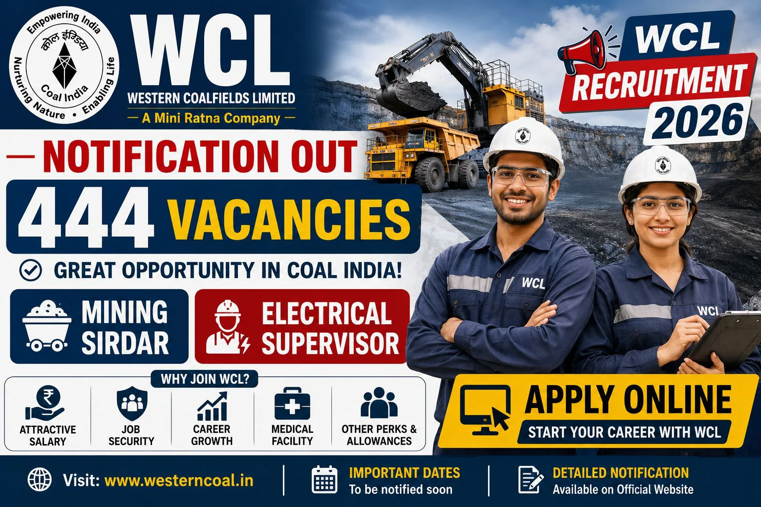 WCL Recruitment 2026 Notification Out for 444 Mining Sirdar & Electrical Supervisor Posts 1 WCL Recruitment