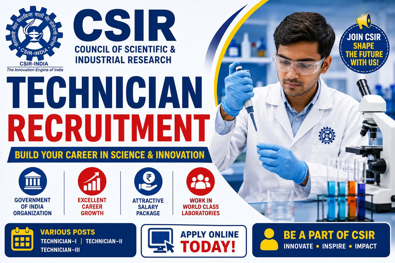 CSIR Technician (1) Recruitment 2026 Out; Apply Online for 43 Posts 1 CSIR Technician Recruitment