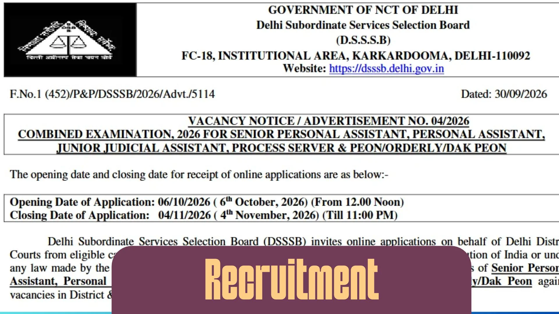 DSSSB Recruitment 04/2026 Apply Online 641 Peon, JJA, Personal Assistant Posts 1 DSSSB Recruitment